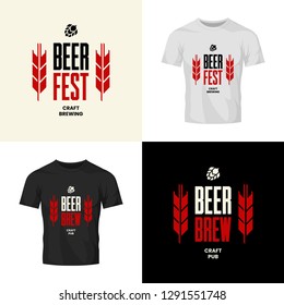 Modern craft beer drink vector logo sign for bar, pub, store, brewhouse or brewery isolated on t-shirt mock up. Premium quality emblem logotype illustration set. Brewing fest badge design bundle.