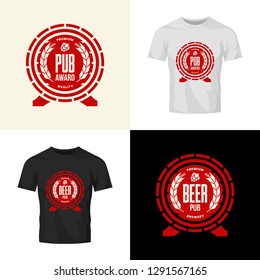 Modern craft beer drink vector logo sign for bar, pub, store, brewhouse, brewery isolated on t-shirt mock up. Premium quality wooden barrel logotype illustration set. Brewing fest badge design bundle.