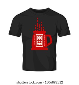 Modern craft beer drink vector logo sign for bar, pub, store, brewhouse or brewery isolated on black t-shirt mock up. Premium quality mug logotype illustration. Brewing fest fashion badge design.
