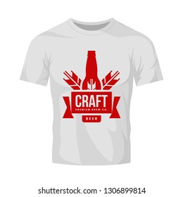 Modern craft beer drink vector logo sign for bar, pub, store, brewhouse or brewery isolated on white t-shirt mock up. Premium quality bottle logotype illustration. Brewing fest fashion badge design.