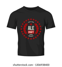 Modern craft beer drink vector logo sign for bar, pub, store, brewhouse or brewery isolated on black t-shirt mock up. Premium quality emblem logotype illustration. Brewing fest round badge design.