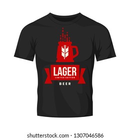 Modern craft beer drink vector logo sign for bar, pub, store, brewhouse or brewery isolated on black t-shirt mock up. Premium quality mug logotype illustration. Brewing fest fashion badge design.