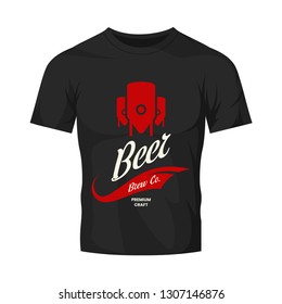 Modern craft beer drink vector logo sign for bar, pub, store, brewhouse or brewery isolated on black t-shirt mock up. Premium quality logotype emblem illustration. Brewing fest fashion badge design.