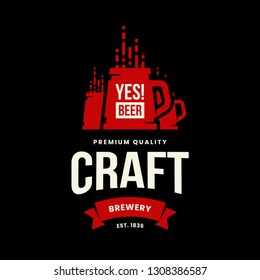 Modern craft beer drink vector logo sign for bar, pub, store, brewhouse or brewery isolated on black background. Premium quality mug logotype illustration. Brewing fest fashion t-shirt badge design.