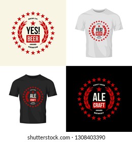 Modern craft beer drink vector logo sign for bar, pub, store, brewhouse or brewery isolated on t-shirt mock up. Premium round logotype illustration set. Brewing fest fashion badge design bundle.
