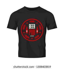 Modern craft beer drink vector logo sign for bar, pub, store, brewhouse or brewery isolated on black t-shirt mock up. Premium quality emblem logotype illustration. Brewing fest round badge design.