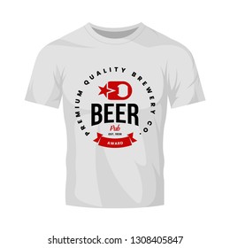 Modern craft beer drink vector logo sign for bar, pub, store, brewhouse or brewery isolated on white t-shirt mock up. Premium quality opener logotype illustration. Brewing fest fashion badge design.