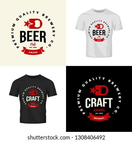 Modern craft beer drink vector logo sign for bar, pub, store, brewhouse or brewery isolated on t-shirt mock up. Premium quality opener logotype illustration set. Brewing fest badge design bundle.