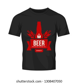Modern craft beer drink vector logo sign for bar, pub, store, brewhouse or brewery isolated on black t-shirt mock up. Premium quality bottle logotype illustration. Brewing fest fashion badge design.