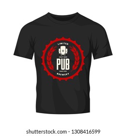 Modern craft beer drink vector logo sign for bar, pub, store, brewhouse or brewery isolated on black t-shirt mock up. Premium quality manufacture logotype illustration. Brewing fashion badge design.