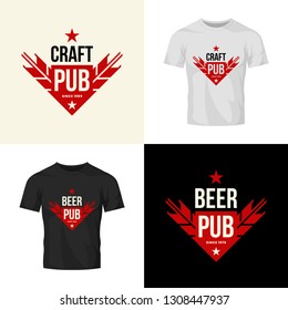 Modern craft beer drink vector logo sign for bar, pub, store, brewhouse or brewery isolated on t-shirt mock up. Premium quality ear arrow logotype illustration set. Brewing fest badge design bundle.