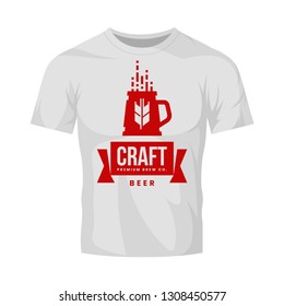 Modern craft beer drink vector logo sign for bar, pub, store, brewhouse or brewery isolated on white t-shirt mock up. Premium quality mug logotype illustration. Brewing fest fashion badge design.