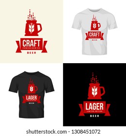 Modern craft beer drink vector logo sign for bar, pub, store, brewhouse or brewery isolated on t-shirt mock up. Premium quality mug logotype illustration set. Brewing fest fashion badge design bundle.