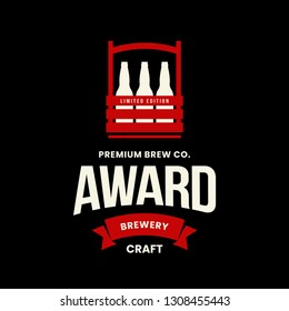 Modern craft beer drink vector logo sign for bar, pub, store, brewhouse or brewery isolated on black background. Premium quality bottle box logotype illustration. Brewing emblem t-shirt badge design.