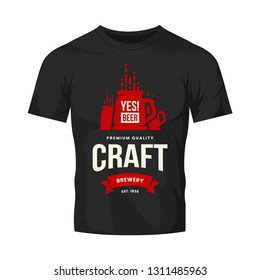 Modern craft beer drink vector logo sign for bar, pub, store, brewhouse or brewery isolated on black t-shirt mock up. Premium quality mug logotype illustration. Brewing fest fashion badge design.
