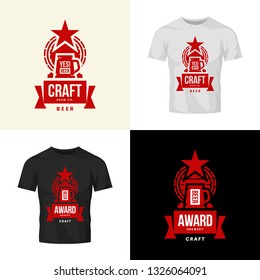 Modern craft beer drink vector logo sign for bar, pub, store, brewhouse or brewery isolated on t-shirt mock up. Premium quality mug logotype illustration set. Brewing fest fashion badge design bundle.