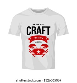 Modern craft beer drink vector logo sign for bar, pub, store, brewhouse or brewery isolated on white t-shirt mock up. Premium quality crab logotype illustration. Brewing fest fashion badge design.