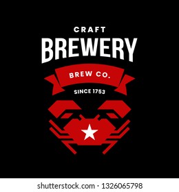 Modern craft beer drink vector logo sign for bar, pub, store, brewhouse or brewery isolated on black background. Premium quality crab logotype illustration. Brewing fest fashion t-shirt badge design.