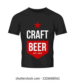 Modern craft beer drink vector logo sign for bar, pub, store, brewhouse or brewery isolated on black t-shirt mock up. Premium quality star logotype illustration. Brewing fest fashion badge design.