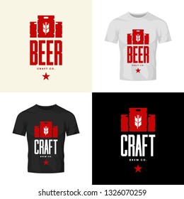 Modern craft beer drink vector logo sign for bar, pub, store, brewhouse or brewery isolated on t-shirt mock up. Premium quality keg logotype illustration set. Brewing fest fashion badge design bundle.