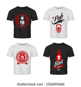 Modern craft beer drink vector logo sign for bar, pub, store, brewhouse or brewery on t-shirt mock up bundle. Premium quality hop, barrel, bottle logotype illustration set. Brewing fest badge design.
