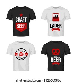 Modern craft beer drink vector logo sign for bar, pub, store, brewhouse or brewery on t-shirt mock up bundle. Premium quality box, mug and pretzel logotype illustration set. Brewing fest badge design.