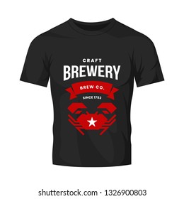 Modern craft beer drink vector logo sign for bar, pub, store, brewhouse or brewery isolated on black t-shirt mock up. Premium quality crab logotype illustration. Brewing fest fashion badge design.