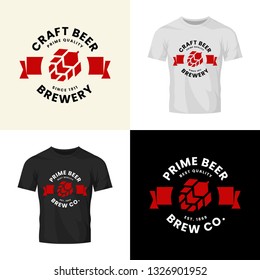 Modern craft beer drink vector logo sign for bar, pub, store, brewhouse or brewery isolated on t-shirt mock up. Premium quality hop logotype illustration set. Brewing fest fashion badge design bundle.