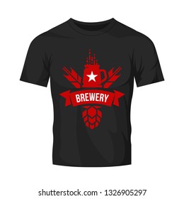 Modern craft beer drink vector logo sign for bar, pub, shop, store, brewhouse or brewery isolated on black t-shirt mock up. Premium quality mug logotype illustration. Brewing fest fashion badge design