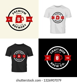 Modern craft beer drink vector logo sign for bar, pub, store, brewhouse or brewery isolated on t-shirt mock up. Premium quality mug logotype illustration set. Brewing fest fashion badge design bundle.