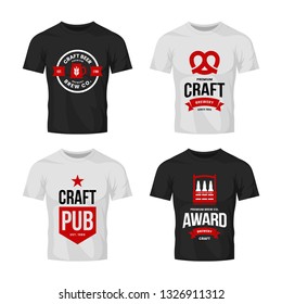 Modern craft beer drink vector logo sign for bar, pub, store, brewhouse or brewery on t-shirt mock up bundle. Premium quality box, mug and pretzel logotype illustration set. Brewing fest badge design.