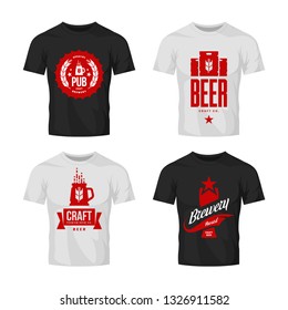 Modern craft beer drink vector logo sign for bar, pub, store, brewhouse or brewery on t-shirt mock up bundle. Premium quality keg, mug and glass logotype illustration set. Brewing fest badge design.