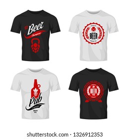 Modern craft beer drink vector logo sign for bar, pub, store, brewhouse or brewery on t-shirt mock up bundle. Premium quality hop, barrel, bottle logotype illustration set. Brewing fest badge design.