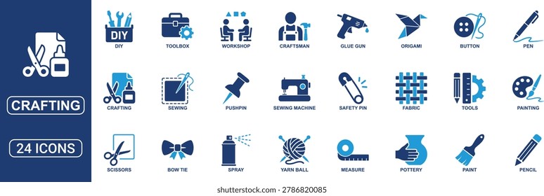 Modern crafting icon set designed for handmade projects, DIY activities, sewing, arts, and creative workshop themes. Includes glue gun, origami, fabric, scissors, yarn ball, painting, pottery, sewing machine, toolbox, and craft tool icons in a clean solid vector style. Perfect for websites, hobby apps, tutorials, packaging, and creative business branding.