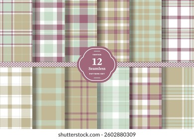 Modern Cream Bisque and Pale Cream Seamless Tartan Fabric Design Set of 12