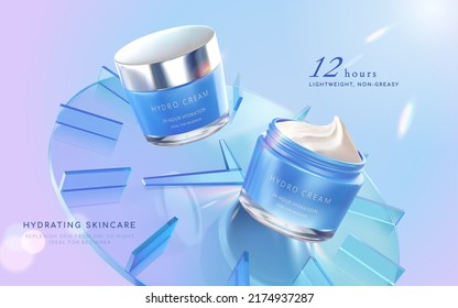 Modern cream cosmetic ad template. 3d illustration of hydro cream jar flying with geometric glass clock. Concept of anti-aging and skin rejuvenating. - Shutterstock ID 2174937287