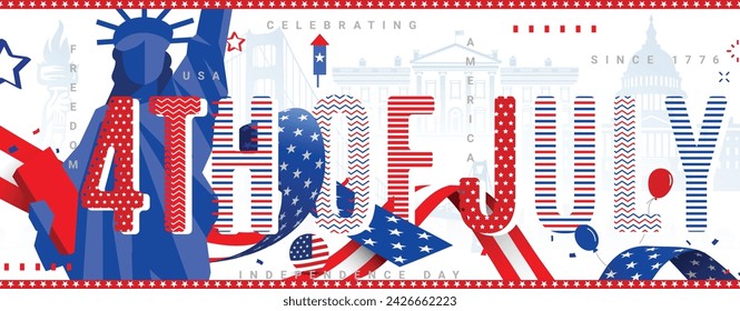 Modern and creative 4th of July poster, banner, flyer, and background, with abstract and usa famous landmarks, the Statue of Liberty, USA flag ribbon, fireworks, etc. Vector illustration.