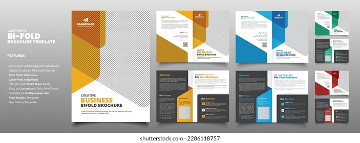 Modern Creative A4 Corporate Business Bifold Brochure Template Design with Red, Blue, Yellow, Green Accent