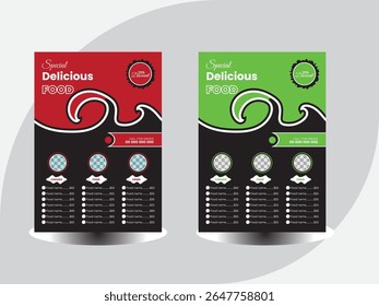 Moderno criativo a4 tamanho restaurante comida panfleto menu cartão design modelo layout com preto elíptico verde e laranja forma