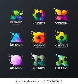 Modern creative abstract organic vector corporate identity logo sign isolated on dark. Premium quality multicolor logotype emblem illustration set. Fashion colorful natural badge design layout bundle.