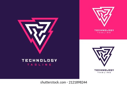 Logotipo geométrico de triángulo abstracto moderno y creativo para empresa de tecnología