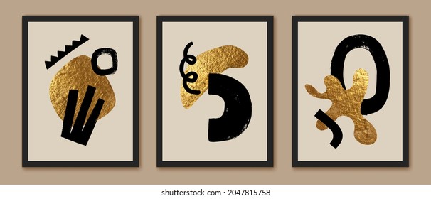 Composiciones artísticas abstractas creativas modernas. Formas geométricas, formas, de color negro y dorado. 
