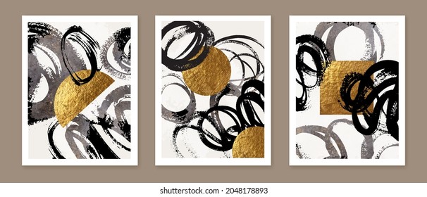 Modern creative abstract wall art compositions. Black and golden geometric forms, shapes. Curly brush strokes, circles, curls.