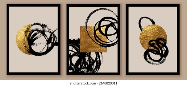 Modern creative abstract wall art compositions. Black and golden geometric forms, shapes. Curly brush strokes, circles, curls.