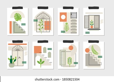 Modern creative abstract windows, stairs, doors, and flowers decoration note cards templates set on light gray background