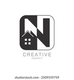 Agencia Creativa Moderna N Diseño de Logo con Monograma e Icono de Casa

