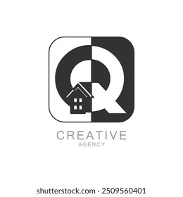 Modern Creative Agency Q Logo Design with Monogram and House Icon

