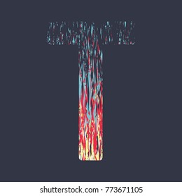 modern creative alphabet in red yellow cyan colors on a dark grey background, letter T