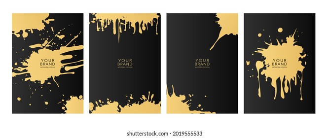 Modern creative art pattern with gold brush splash, paint drop (dirty texture) on black background. Luxury artistic vector grunge set for blog, poster, flyer, card, banner, notebook, brochure cover