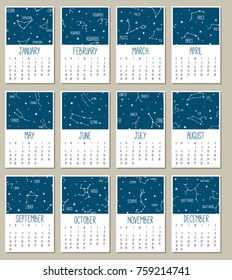 Modern creative astrological calendar 2018. Templates with cute doodle hand drawn constellations. Monthly calendar with zodiac signs.  Vector illustration